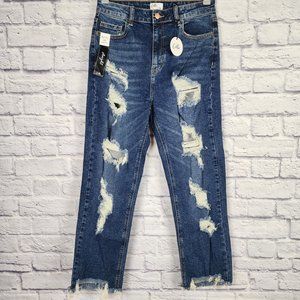 Cello High Rise Straight Juniors Size 7/28 Blue Denim Distressed Jeans